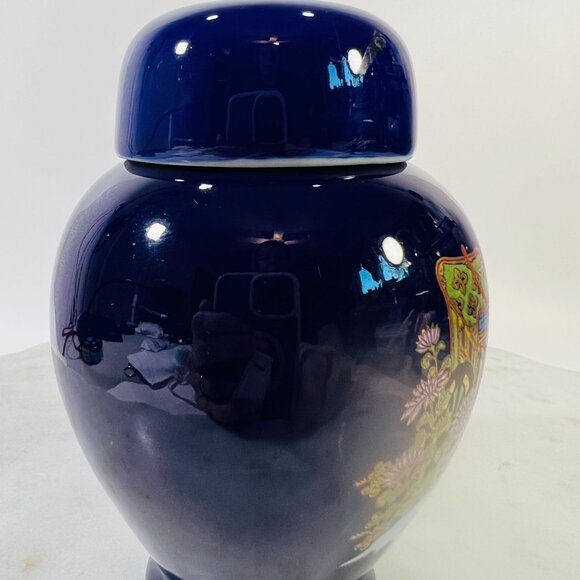 Vtg Japanese Cobalt Blue Porcelain Ginger Jar Vase Lid HandPainted Floral Design - Picture 3 of 8